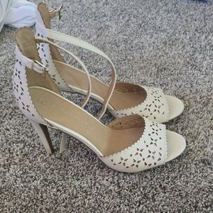 LC Lauren Conrad White Laser-Cut Ankle-Strap Heels
